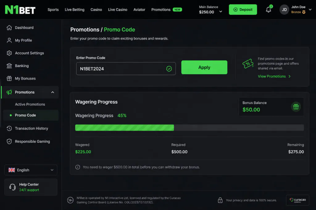 Step-by-step bonus activation panel inside the N1Bet profile dashboard - n1bett.de