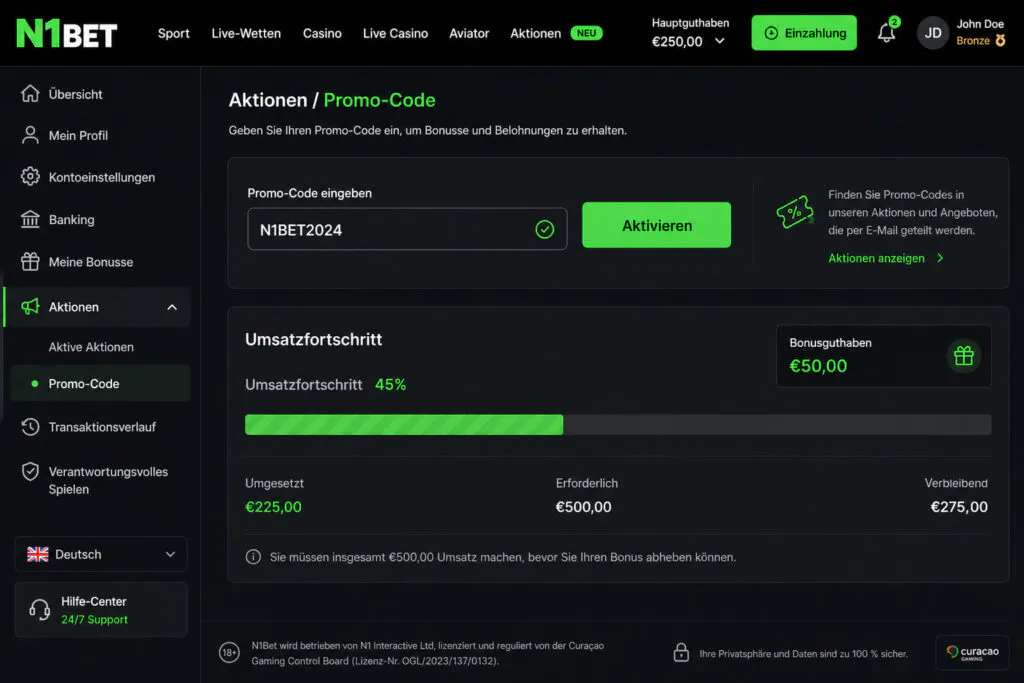 Schrittweises Bonus-Aktivierungspanel im N1Bet Profil-Dashboard - n1bett.de
