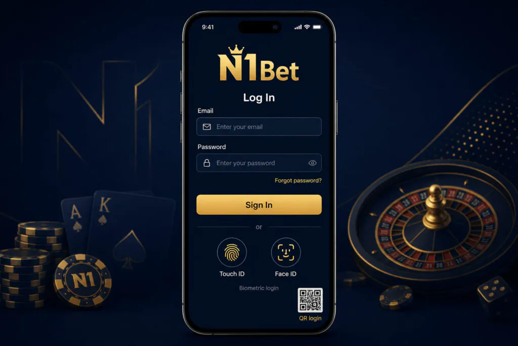 Mobile login screen of the N1Bet application with biometric authentication features - n1bett.de