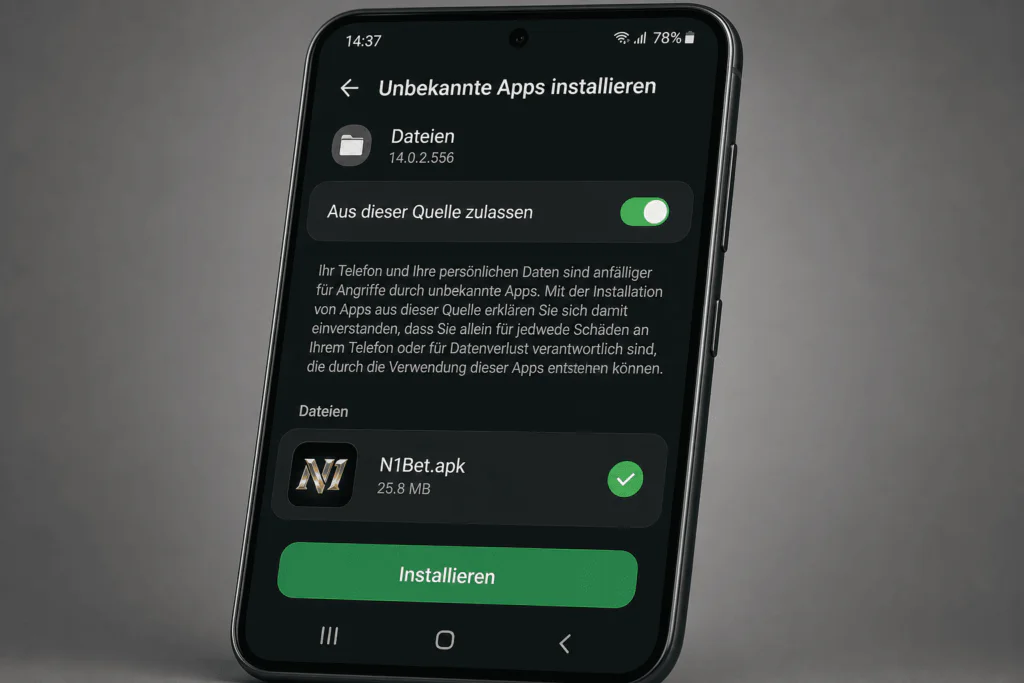 Android-Sicherheitseinstellungen erlauben die Installation der N1Bet APK auf einem Smartphone - n1bett.de