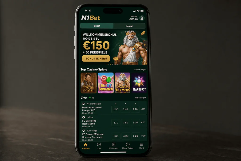 Hauptoberfläche und Benutzer-Dashboard der mobilen N1Bet App - n1bett.deHauptoberfläche und Benutzer-Dashboard der mobilen N1Bet App - n1bett.de