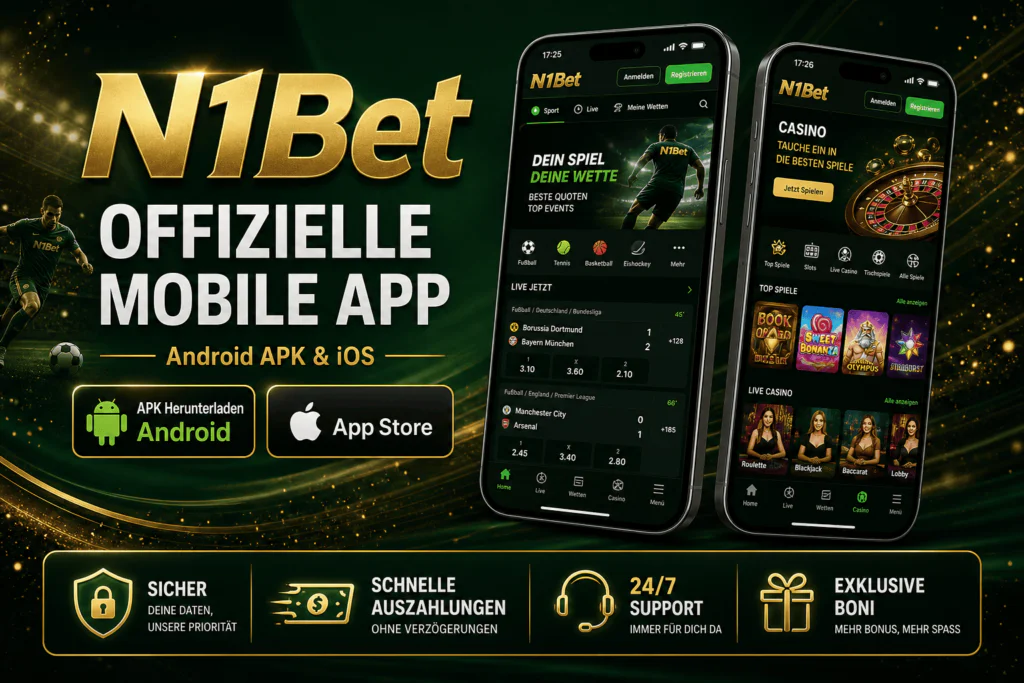 Offizieller N1Bet App-Download-Banner auf der N1Bet Casino Mobile App-Seite - n1bett.de